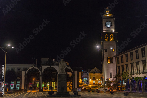 PONTA DELGADA, AZORES - AUGUST 8, 2016: Night cityscape of Ponta Delgada, with tower bell of Church of St. Sebastian