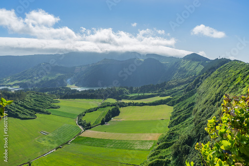Green fields and lakes in Sete Cidades from Vista do Rei  Sao Miguel  Azores  Portugal
