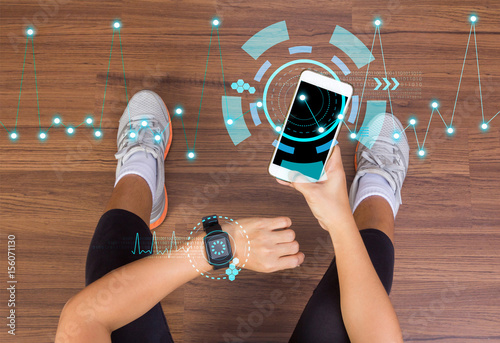 Fitness tech healthcare wellness innovation concept with wearing watchband smartwatch