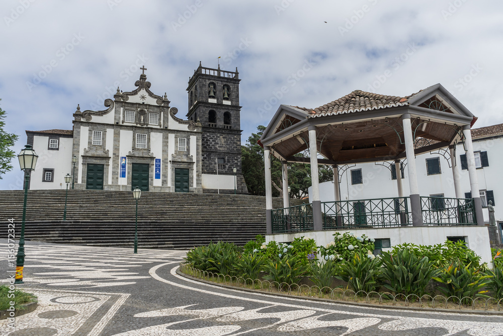 Square in Ribeira Grande with a typical portuguese church, Sao Miguel, Azores, Portugal