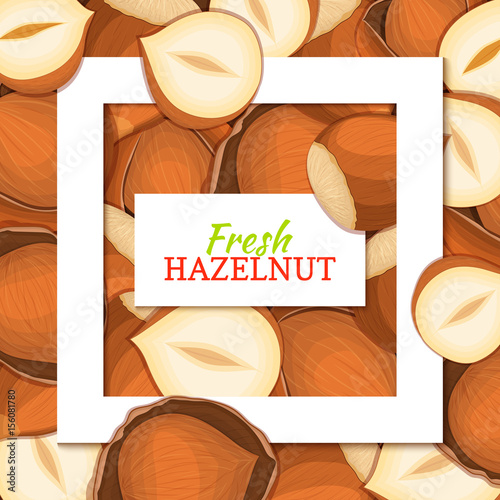 Square white frame and rectangle label on nutty hazelnut background. Vector card illustration.