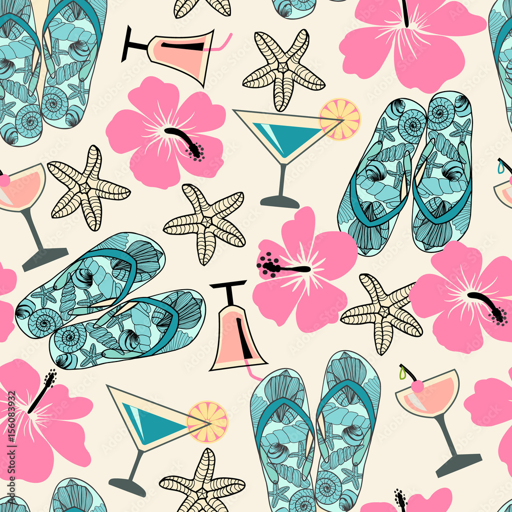 seamless texture with beach objects: hibiscus, cocktail, sea star, flip