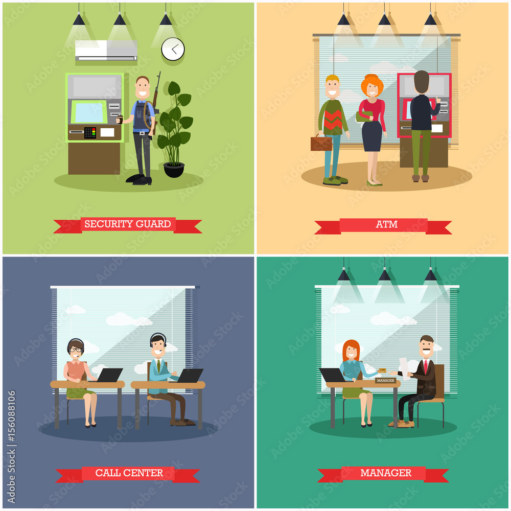 Vector set of bank concept square posters in flat style - obrazy, fototapety, plakaty 