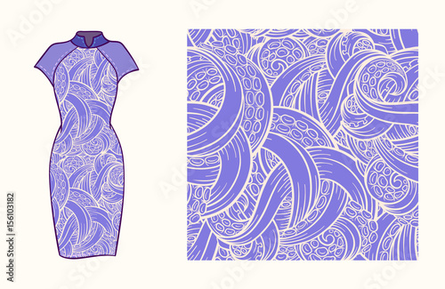 Dress mock-up with tentacles seamless pattern decoration.