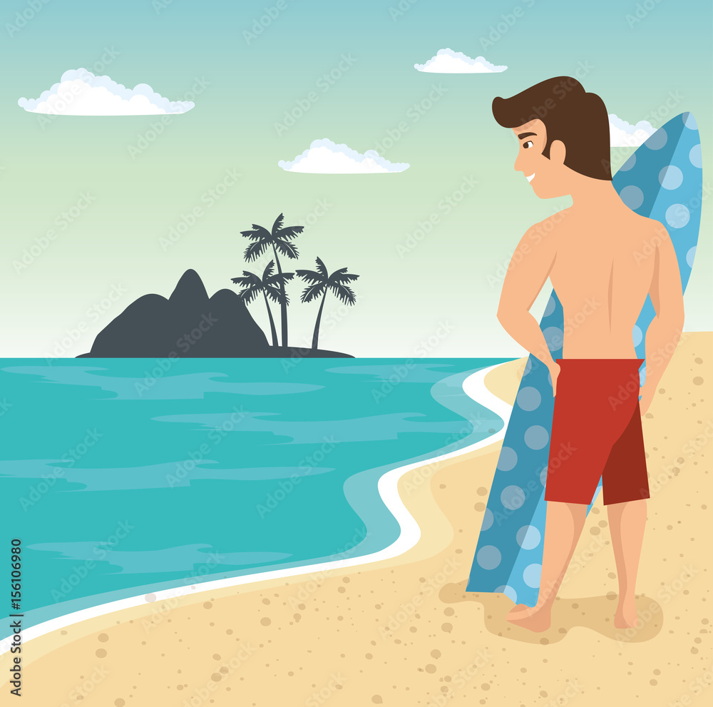 Man in swimsuit with surf board and island silhouette over beach landscape background. Vector illustration.