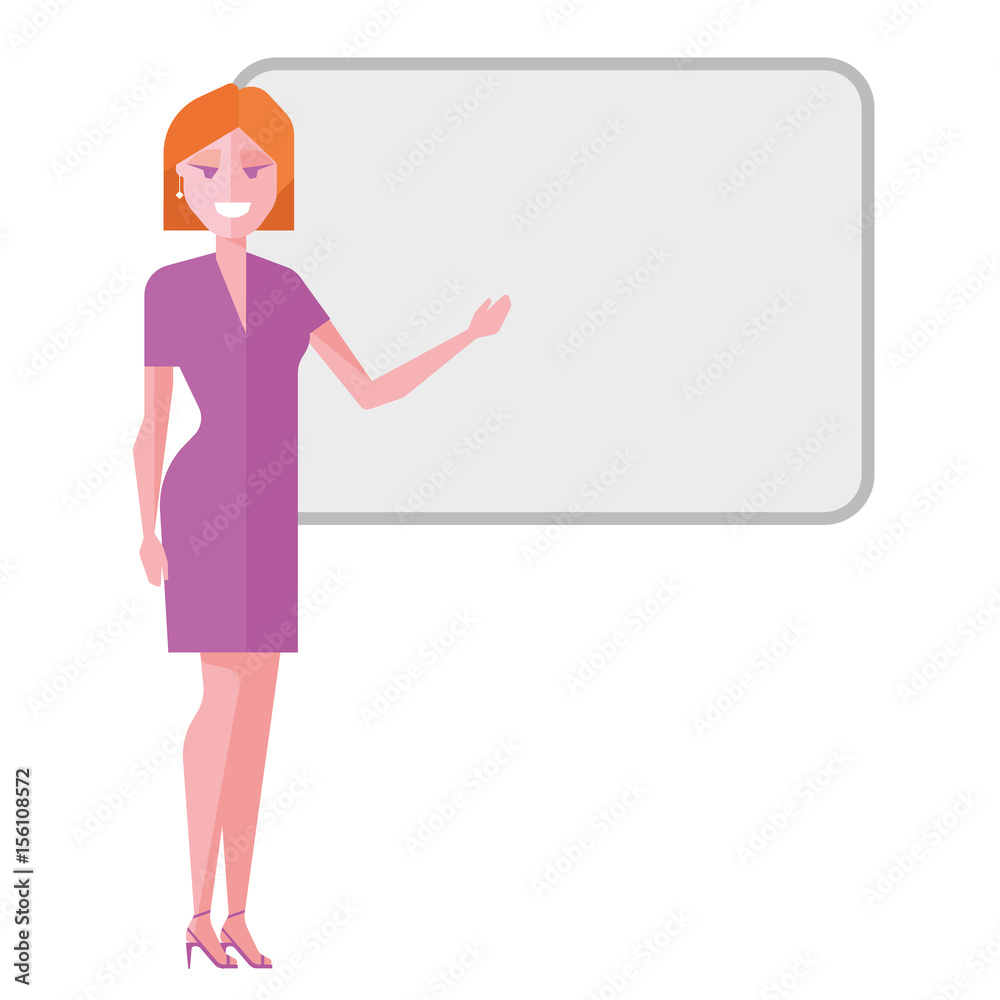 Young female manager showing on board. Vector flat illustration Young female manager showing on board. Vector flat illustration