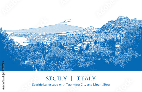 Beautiful Island of Sicily, Italy. Seascape with Mount Etna and Italian Cities (Catania and Taormina). Blue colored image. Vector illustration in engraving style.