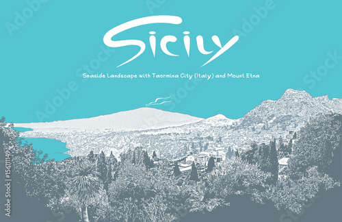 Beautiful Island of Sicily, Italy. Seascape with Mount Etna and Italian Cities (Catania and Taormina). Blue colored image. Vector illustration in engraving style.