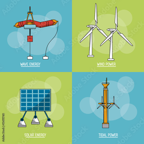 multicolored square background with type of renewable energy vector illustration