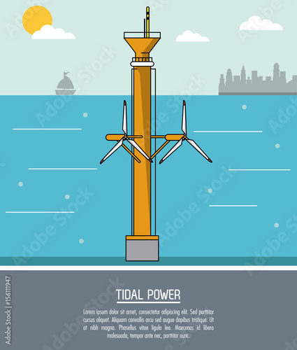 color sea landscape background tidal power plant with turbines vector illustration