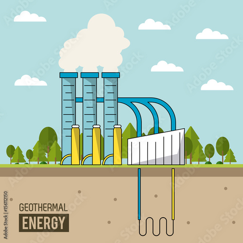 coloful background geothermal energy production plant with forest vector illustration