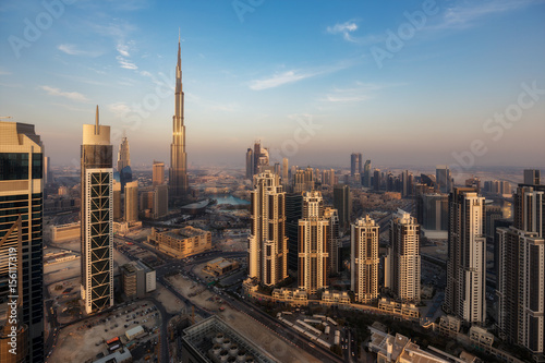 Modern architecture of a big city. Skyscrapers of downtown Dubai, United Arab Emirates. Spectacular daytime skyline. Travel and architecture background. © Funny Studio