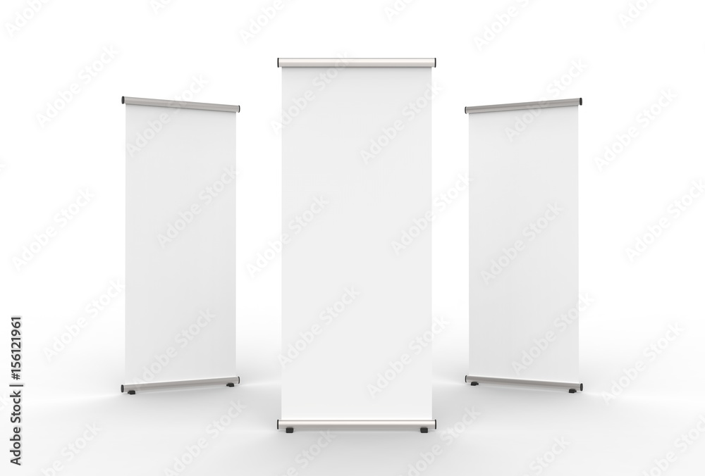 Blank roll up banner 3 display view template. 3d illustrating. - obrazy, fototapety, plakaty 