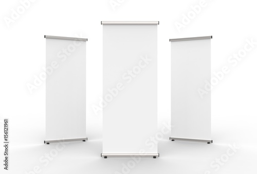 Blank roll up banner 3 display view template. 3d illustrating.