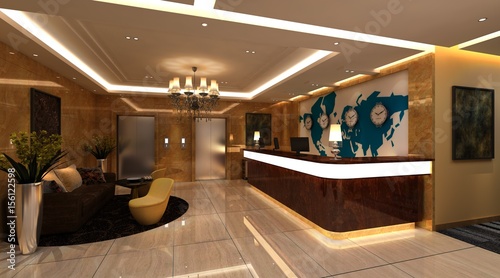 Interior of hotel reception hall 3D illustration