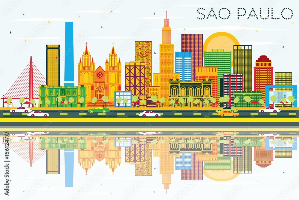 Sao Paulo Skyline with Gray Buildings, Blue Sky and Reflections.