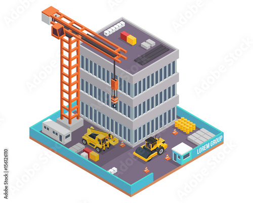 Modern Isometric Construction Site Illustration, Suitable For Infographic, Games, Children Books, And Other Graphic Related Assets.