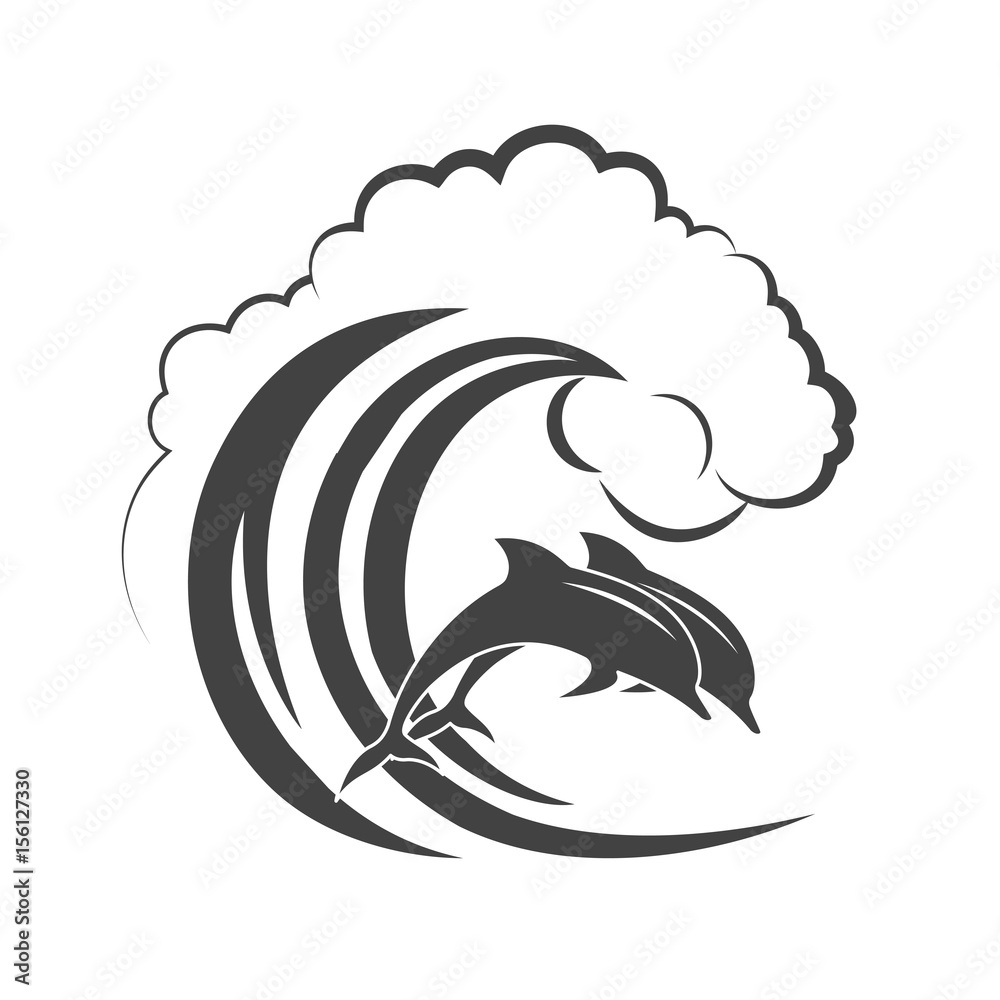 Fototapeta premium Pack of dolphins springing in waves, a monochrome icon.