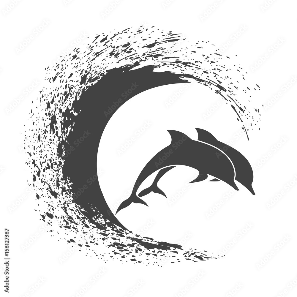 Obraz premium Pack of dolphins springing in waves, a monochrome icon in style grunge.