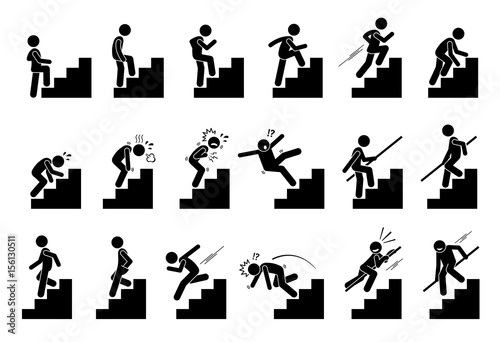 Man with Staircase or Stairs Pictogram. Cliparts depict various actions of a person with stairs.  photo