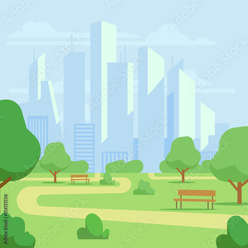 Cartoon public city park with skyscrapers cityscape vector illustration