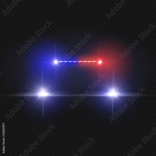 Police car headlights and blinking red siren lights isolated on transparent background