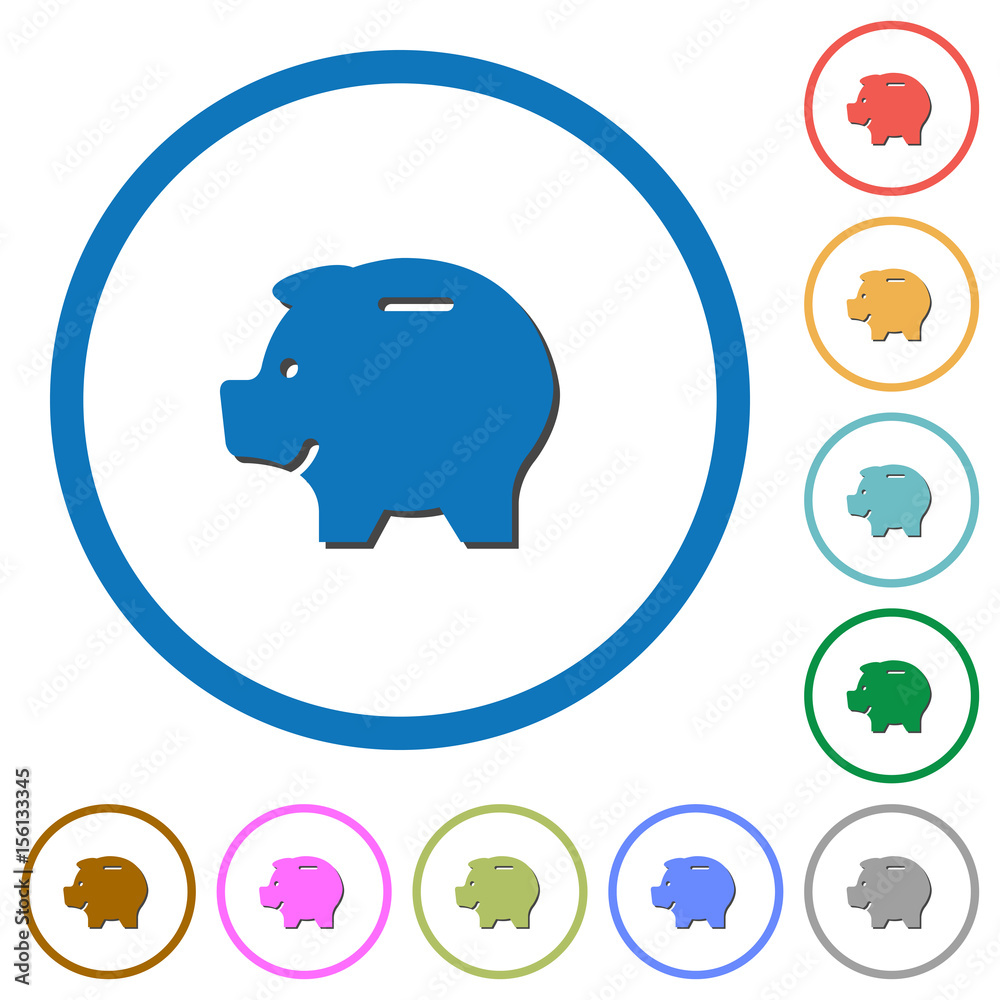 Left facing piggy bank icons with shadows and outlines Left facing piggy bank icons with shadows and outlines