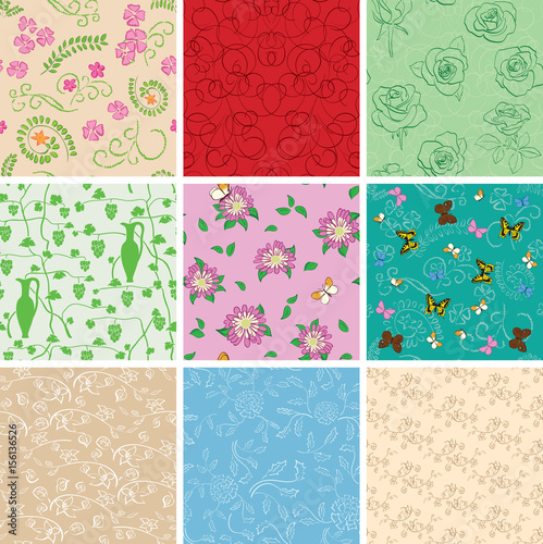 colorful vector backgrounds - floral seamless patterns