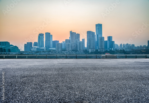 cityscape and skyline of chongqing from empty brick floor