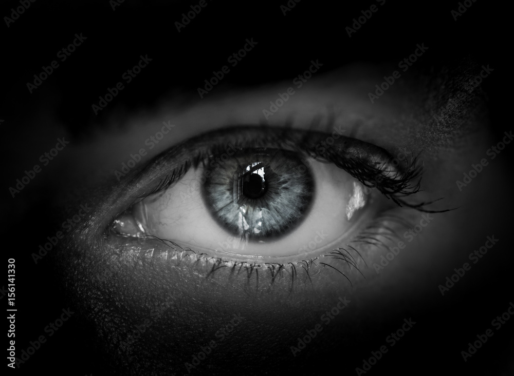Obraz premium Makro- strzał żeński ludzki oko w czarny i biały stonowanym.
