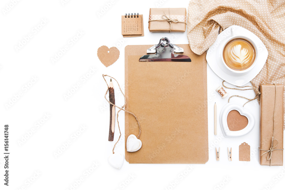 Mockup Accessory on the table. White background, flat lay, still life. Feminine scene. Workspace with paperboard and coffee. Wedding concept Mockup Accessory on the table. White background, flat lay, still life. Feminine scene. Workspace with paperboard and coffee. Wedding concept