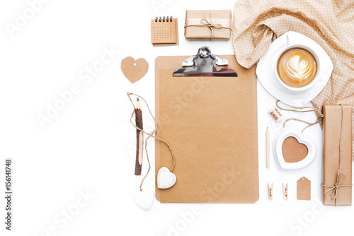 Mockup Accessory on the table. White background, flat lay, still life. Feminine scene. Workspace with paperboard and coffee. Wedding concept