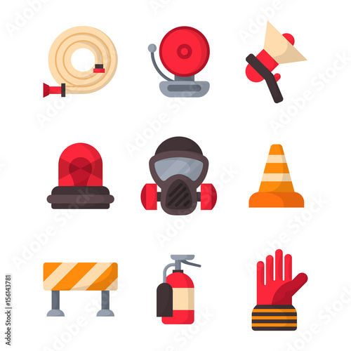 Fire safety equipment emergency tools firefighter safe danger accident protection vector illustration. photo