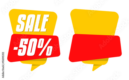 Set of yellow sale tags isolated on background. 50% off, half price. Sale banner design. Vector