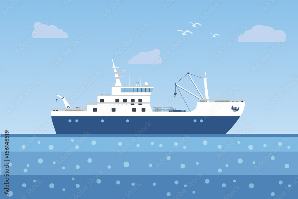Fishing ship in the sea. Vector illustration.