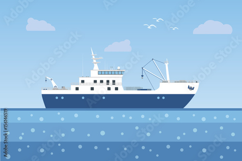 Fishing ship in the sea. Vector illustration.