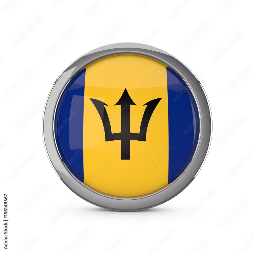 Barbados national flag in a glossy circle shape with chrome frame. 3D Rendering Barbados national flag in a glossy circle shape with chrome frame. 3D Rendering