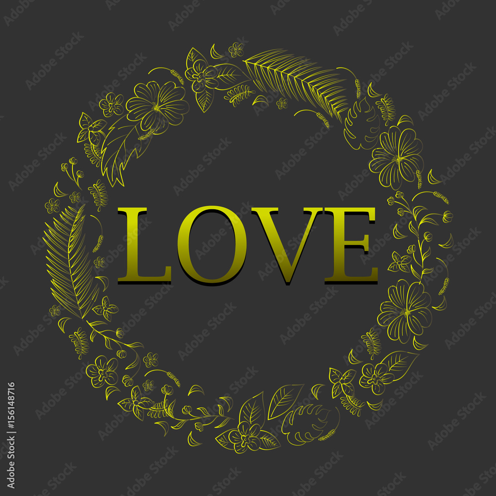 Fototapeta premium Abstract gold romantic floral and tropical frame. with a gold inscription love