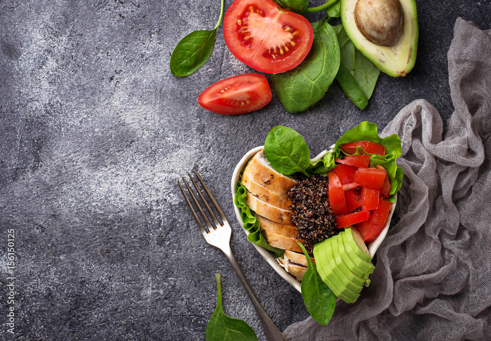 Salad with chicken, black quinoa, tomatoes and avocado Salad with chicken, black quinoa, tomatoes and avocado