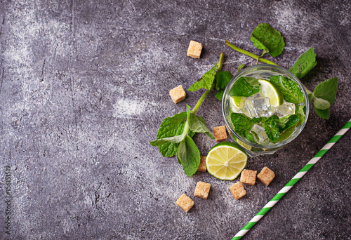 Summer drink mojito with rum, mint, ice and lime