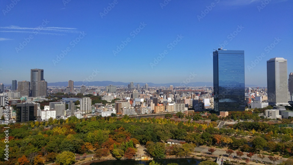 City view from osaka castle on October 2015.The park and building is Harmonious.