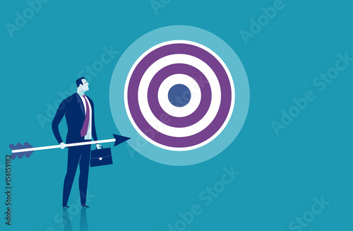 Businessman holding arrow and walking towards target. Concept business vector illustration.