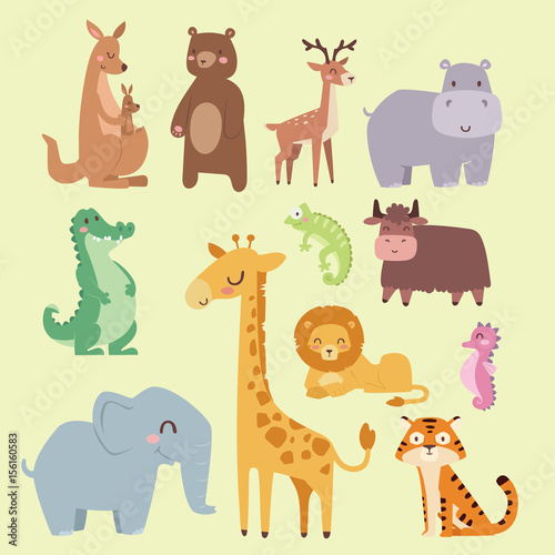 Cute zoo cartoon animals isolated funny wildlife learn cute language and tropical nature safari mammal jungle tall characters vector illustration. © Vectorvstocker