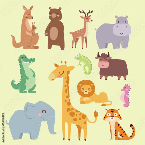 Cute zoo cartoon animals isolated funny wildlife learn cute language and tropical nature safari mammal jungle tall characters vector illustration.