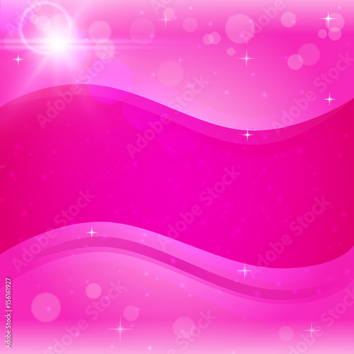 Abstract pink background with bokeh and shadows. Tender girlish banner or flyer with waves. Sunshine lens flare. Glowing light rays, bokeh and sparkles beam. Sun flash with solar spotlight effect.