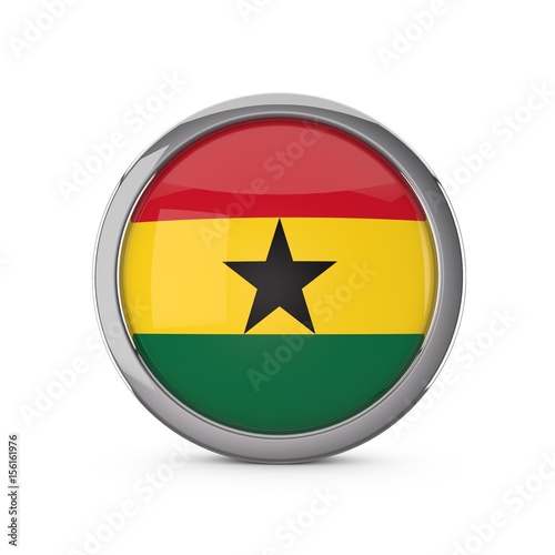 Ghana national flag in a glossy circle shape with chrome frame. 3D Rendering
