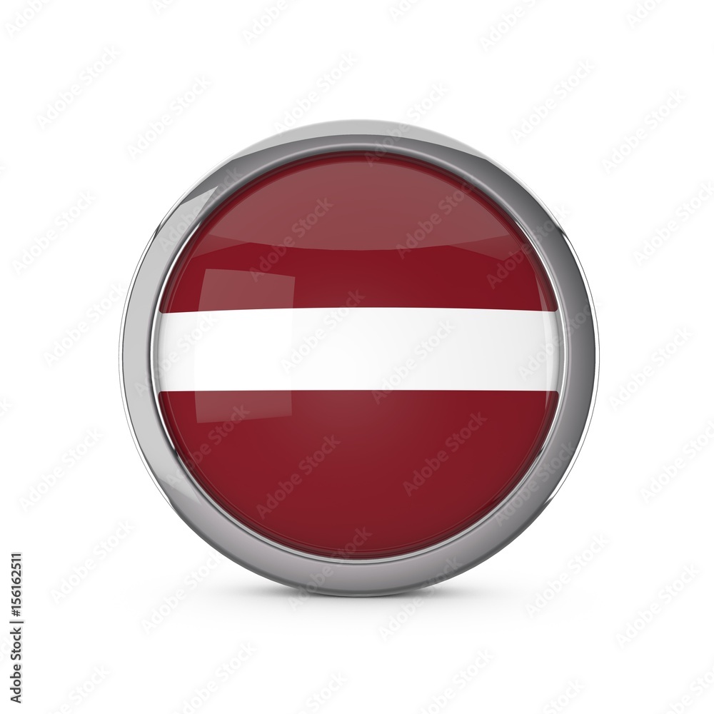 Latvia national flag in a glossy circle shape with chrome frame. 3D Rendering Latvia national flag in a glossy circle shape with chrome frame. 3D Rendering