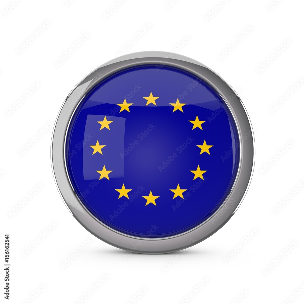 European Union national flag in a glossy circle shape with chrome frame. 3D Rendering European Union national flag in a glossy circle shape with chrome frame. 3D Rendering