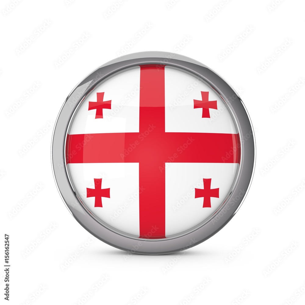 Georgia national flag in a glossy circle shape with chrome frame. 3D Rendering