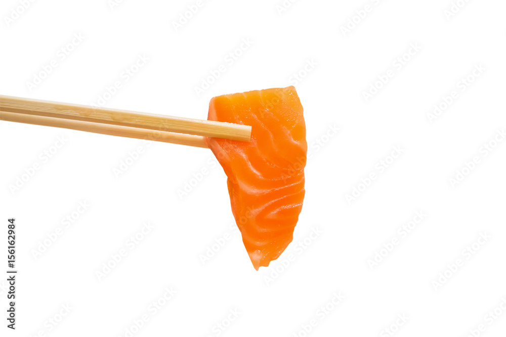 Salmon slice sashimi in chopsticks isolated on white background Salmon slice sashimi in chopsticks isolated on white background